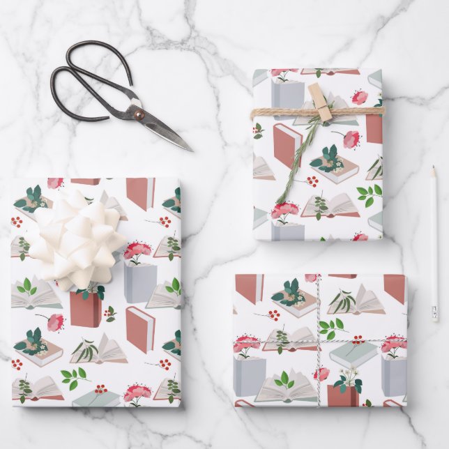 Botanical Books & Library Reading Pattern Wrapping Paper Sheet (Front)
