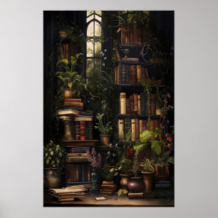 Botanical Books Print, Vintage Bookstore, Dark Poster