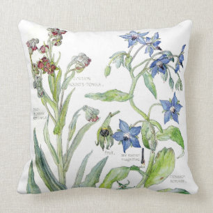 Botanical Borage Primrose Flowers Throw Pillow