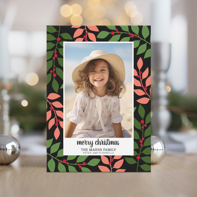 Botanical Border Coral Black - Vertical Photo Holiday Card (A modern holiday card with a coral, black and green botanical border.)