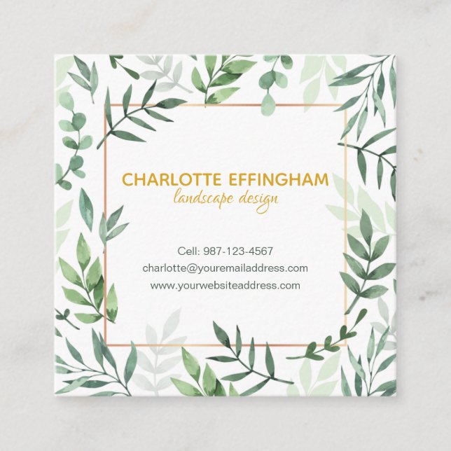 Botanical Border|Gold Green| Square Business Card (Front)