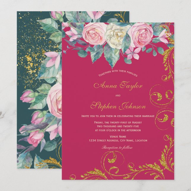 Botanical Bouquet Magenta Faux Gold Glitter Swirls Invitation (Front/Back)