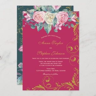 Botanical Bouquet Magenta Faux Gold Glitter Swirls Invitation