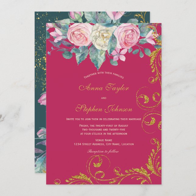 Botanical Bouquet Magenta Faux Gold Glitter Swirls Invitation (Front/Back)