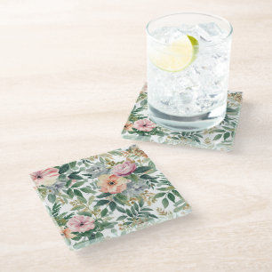 Botanical Bouquet Watercolor Eucalyptus Leaves Glass Coaster