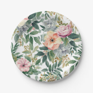 Botanical Bouquet Watercolor Eucalyptus Leaves Paper Plate