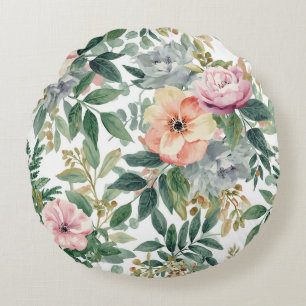 Botanical Bouquet Watercolor Eucalyptus Leaves Round Cushion