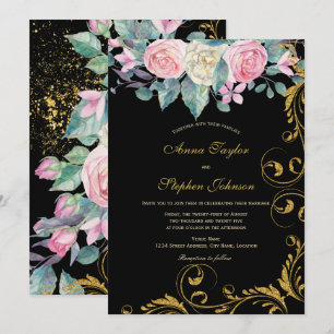 Botanical Bouquet with Faux Gold Glitter Swirls Invitation