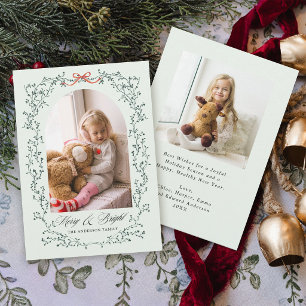 Botanical Bow Merry & Bright 2 Photo Mint Holiday Card