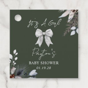 Botanical Bow Winter Snow Green Girl Baby Shower Favour Tags