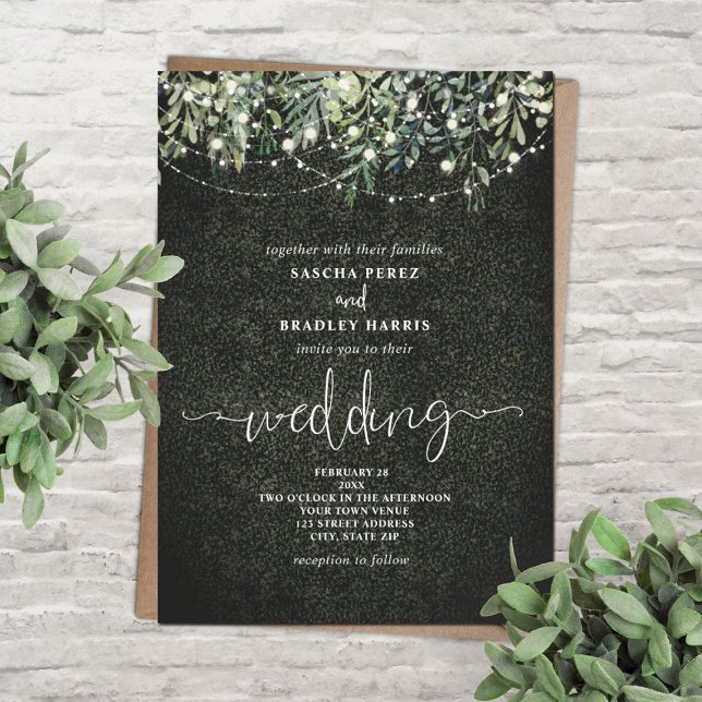 Botanical Boxwood Greenery String Lights Wedding Invitation (Creator Uploaded)