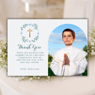 Botanical Boy First Holly Communion Arch Photo Thank You Card