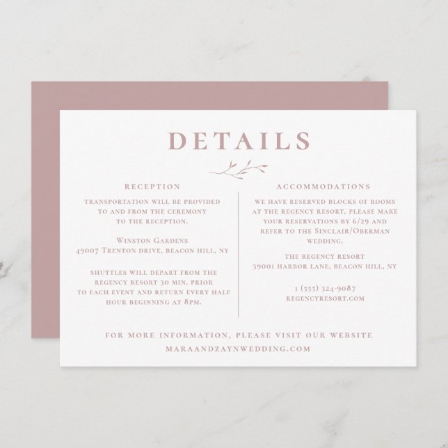 Botanical Branch Dusty Mauve Rose Wedding Details  Invitation (Front/Back)