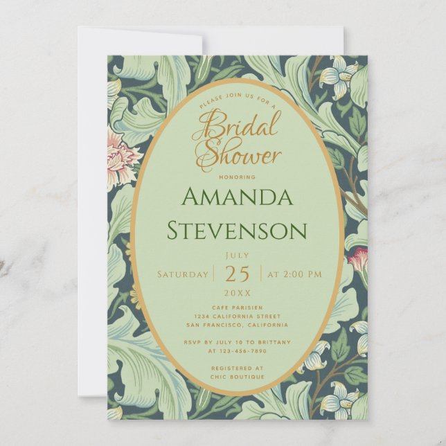 Botanical Bridal Shower Gold Mint Green Vintage Invitation (Front)