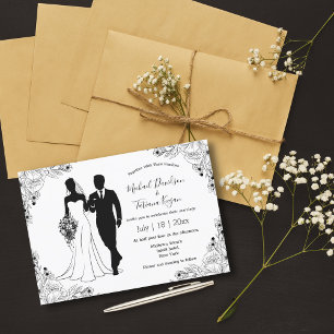 botanical bride and groom illustration wedding invitation