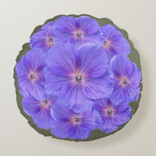 Botanical Bright Blue Geranium Flowers Round Cushion
