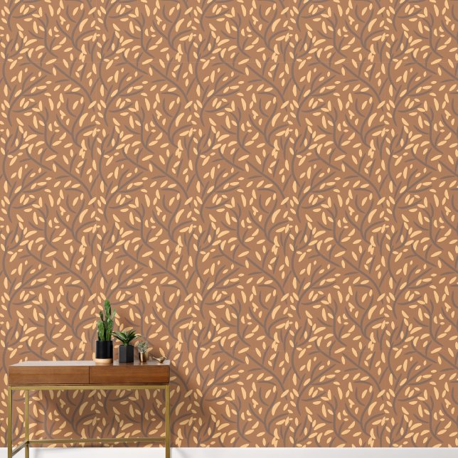 Botanical Brown Forest Leaves Vines  Beige  Wallpaper (Hallway)