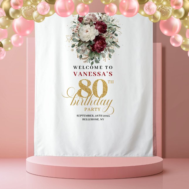 Botanical Burgundy 80th Birthday Backdrop Tapestry (Botanical Burgundy 80th Birthday Backdrop)