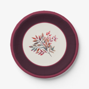 Botanical Burgundy Berry Stripe Paper Plate