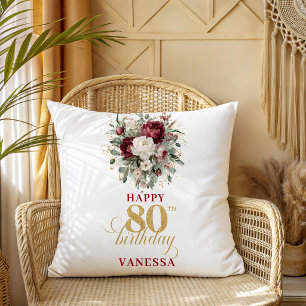 Botanical Burgundy Blush 80th Birthday Gift Cushion