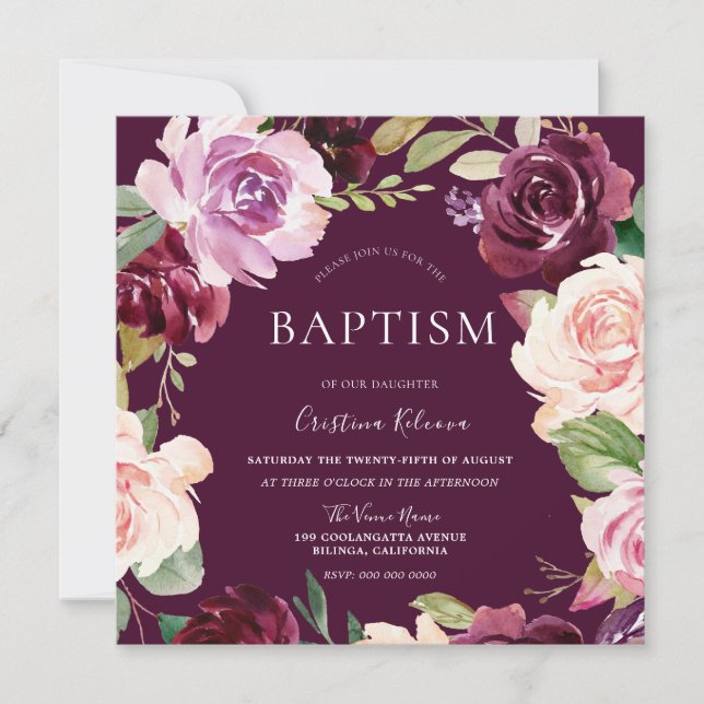 Botanical Burgundy Blush Watercolor Baby Baptism Invitation (Front)