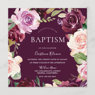 Botanical Burgundy Blush Watercolor Baby Baptism Invitation