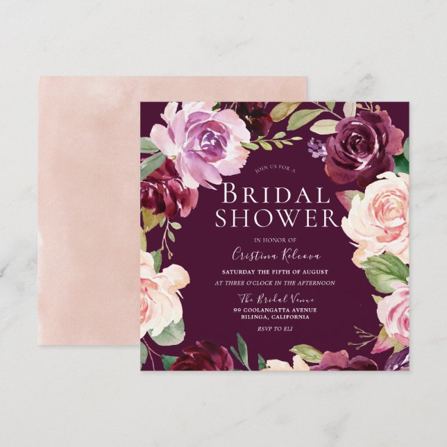 Botanical Burgundy Blush Watercolor Bridal Shower Invitation (Front/Back)