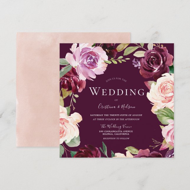 Botanical Burgundy Blush Watercolor Wedding Invitation (Front/Back)