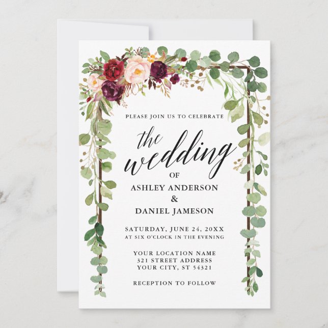 Botanical Burgundy Floral Calligraphy Wedding Invitation (Front)