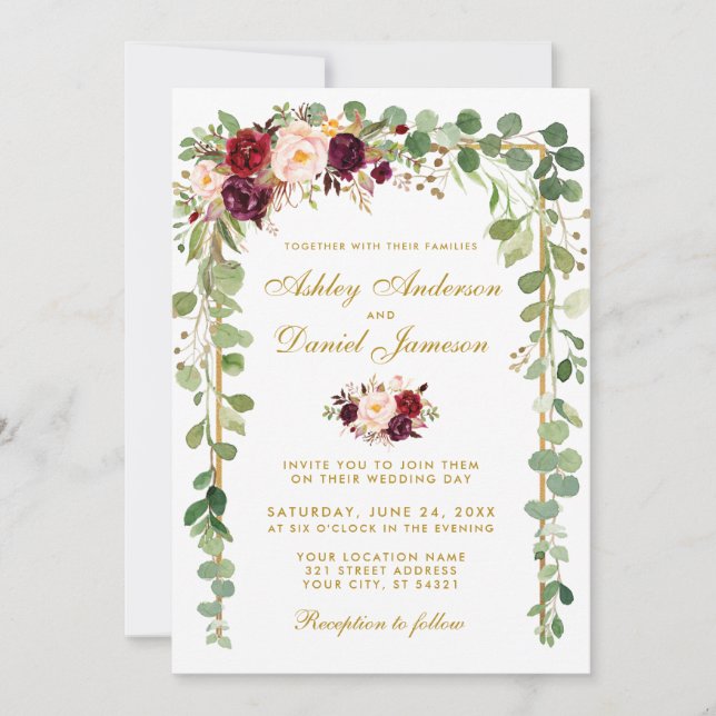 Botanical Burgundy Floral Wedding Gold Frame Invitation (Front)