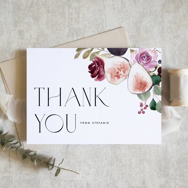 Botanical Burgundy Flowers with Figs and Berry Thank You Card (Rustic botanical thank you card featuring watercolor figs, berries and burgundy flowers. )