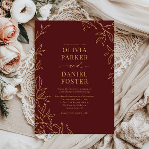 Botanical Burgundy Gold Elegant Wedding Invitation