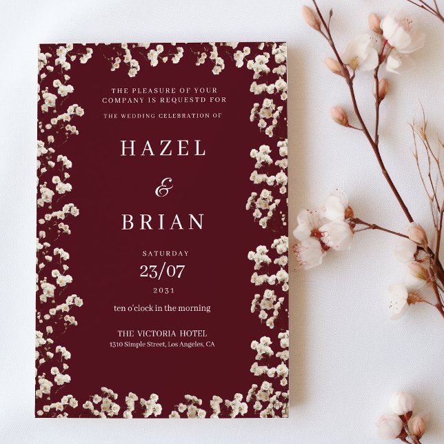 Botanical Burgundy ivory gypsophila floral Wedding Invitation (Botanical Burgundy ivory gypsophila floral Wedding )