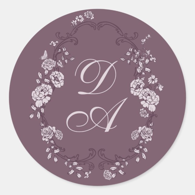 Botanical Burgundy Monogrammed Classic Round Sticker (Front)