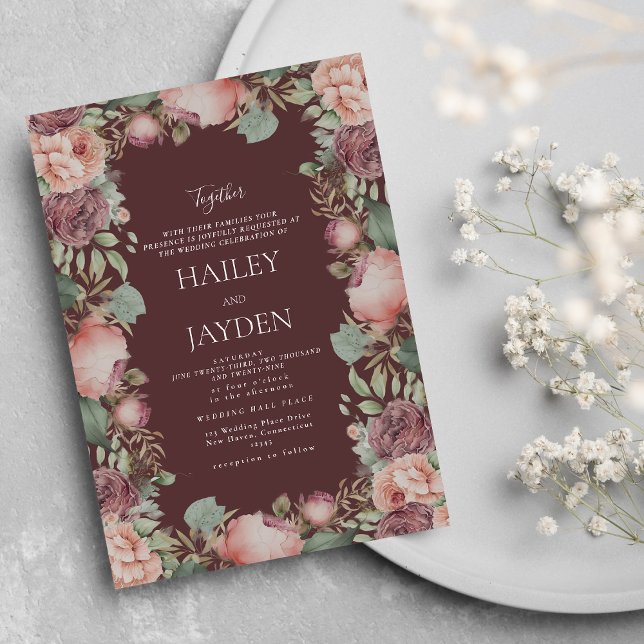 Botanical burgundy pink mint green peonies wedding invitation (Botanical burgundy pink mint green peonies wedding)