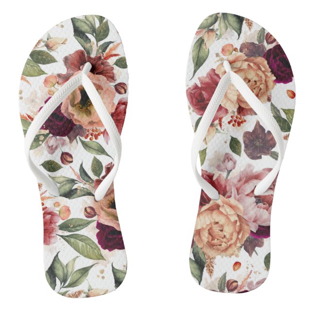 Botanical Burgundy Red and Orange Floral Pattern Flip Flops (Footbed)