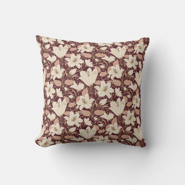 Botanical Burgundy Red Beige Lily Floral Pattern   Cushion (Front)