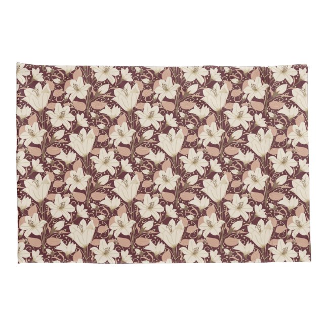 Botanical Burgundy Red Beige Lily Floral Pattern   Pillowcase (Back-Right)