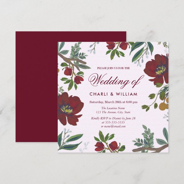 Botanical Burgundy Red Elegant Wedding Invite (Front/Back)