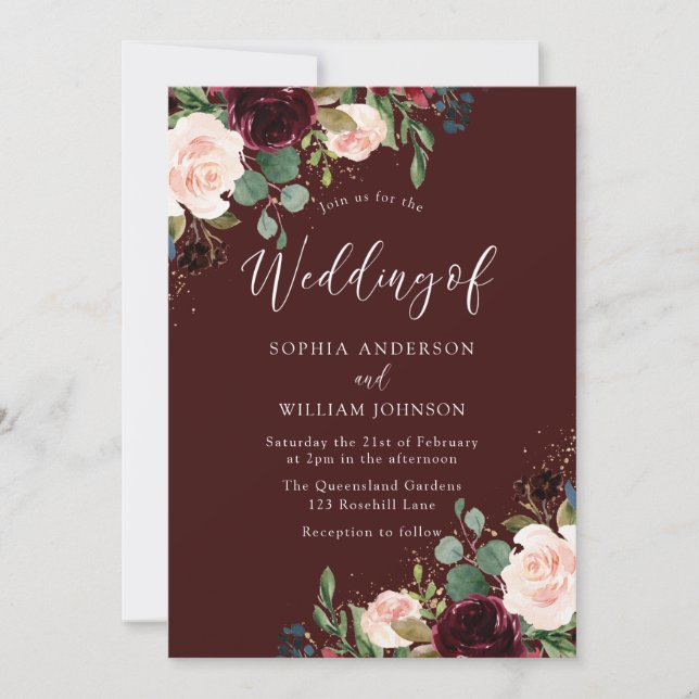 Botanical Burgundy Red Wine & Blush Floral Wedding Invitation (Front)