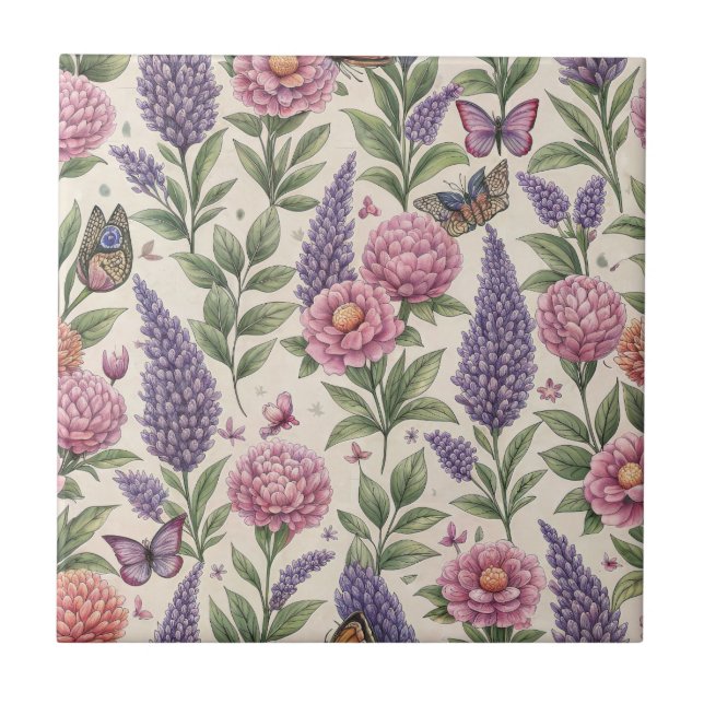 Botanical Butterflies Lavender Garden Tile (Front)