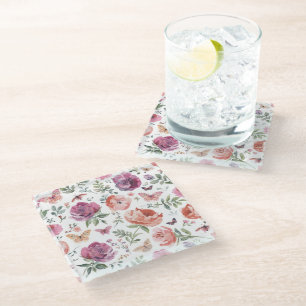 Botanical Butterfly Garden Watercolor Floral Glass Coaster