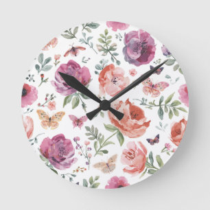Botanical Butterfly Garden Watercolor Floral Round Clock