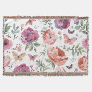 Botanical Butterfly Garden Watercolor Floral Throw Blanket