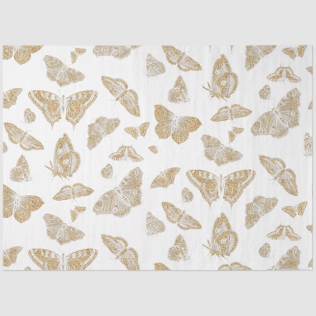Botanical Butterfly Gold n White Pattern Decoupage Tissue Paper (Front)