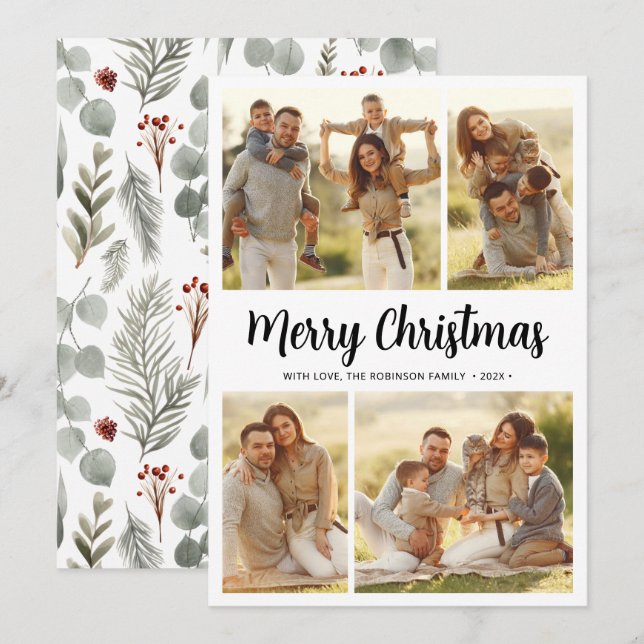 Botanical Calligraphy 4 Multi Photo Christmas  Holiday Card (Front/Back)