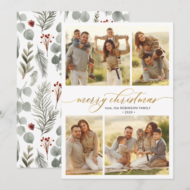 Botanical Calligraphy 4 Multi Photo Christmas  Holiday Card (Front/Back)