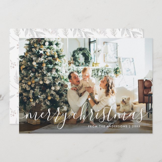 Botanical Calligraphy Photo Merry Christmas Cards (Front/Back)