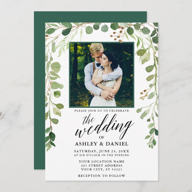 Botanical Calligraphy Photo Wedding Green Invitation (Front/Back)