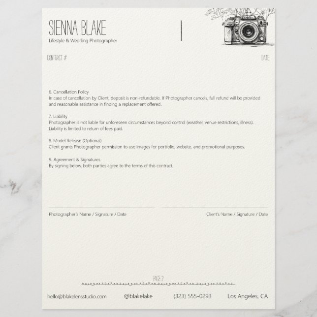 Botanical Camera Photographer Contract – Page 2 Custom Letterhead (Front)